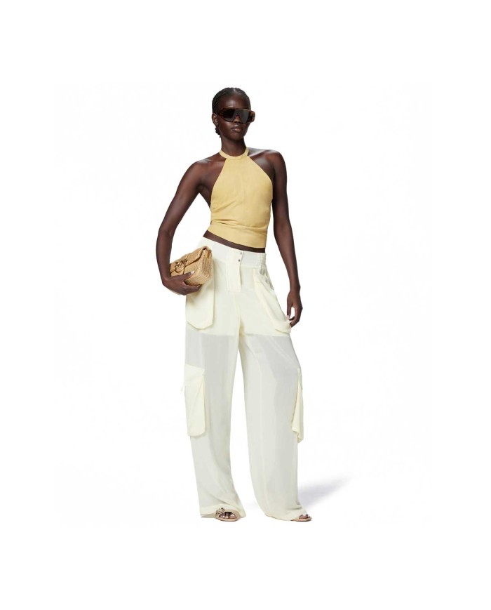 PINKO PANTALONE CARGO IN GEORGETTE TRASPARENTE BEIGE RUTABAGA 125