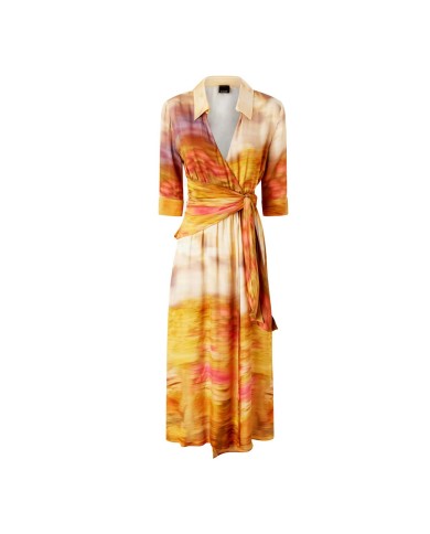 PINKO VESTITO STAMPATO  IN SANTIN CON SCOLLO A V  MULTI BEIGE/ROSA 125