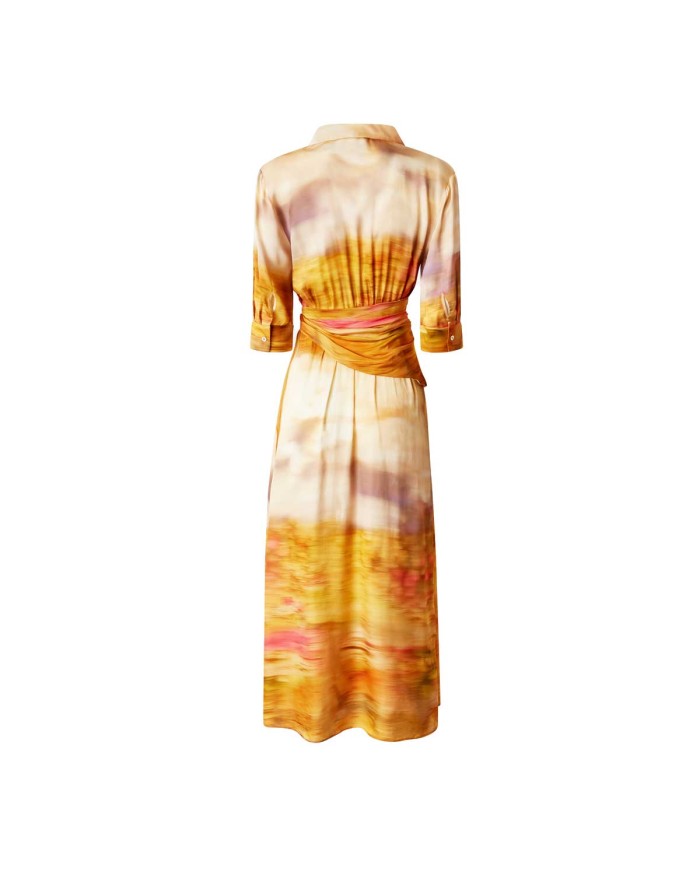 PINKO VESTITO STAMPATO  IN SANTIN CON SCOLLO A V  MULTI BEIGE/ROSA 125