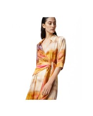 PINKO VESTITO STAMPATO  IN SANTIN CON SCOLLO A V  MULTI BEIGE/ROSA 125