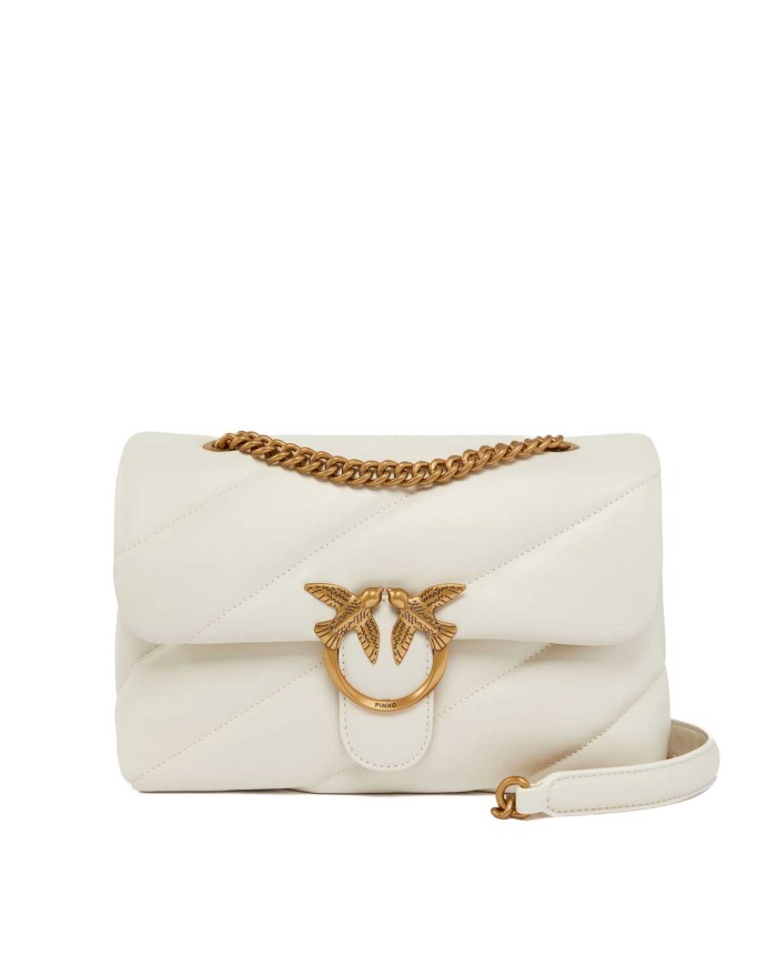 PINKO BORSA A TRACOLLA NAPPA TRAPUNTATA LOVE BAG PUFF CON CATENA BIANCO SETA/ANTIQUE GOLD 125
