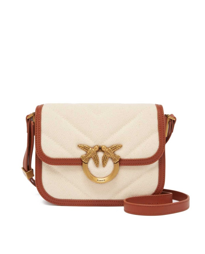 PINKO BORSETTA SQUADRATA LOVE BEG IN CANVAS E PELLE BEIGE/MARRONE-ANTIQUE GOLD 104297 125