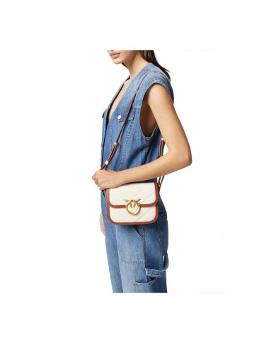 PINKO BORSETTA SQUADRATA LOVE BEG IN CANVAS E PELLE BEIGE/MARRONE-ANTIQUE GOLD 104297 125