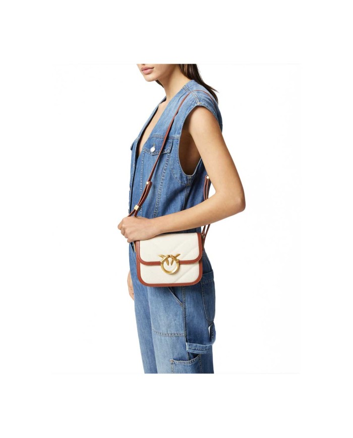 PINKO BORSETTA SQUADRATA LOVE BEG IN CANVAS E PELLE BEIGE/MARRONE-ANTIQUE GOLD 104297 125