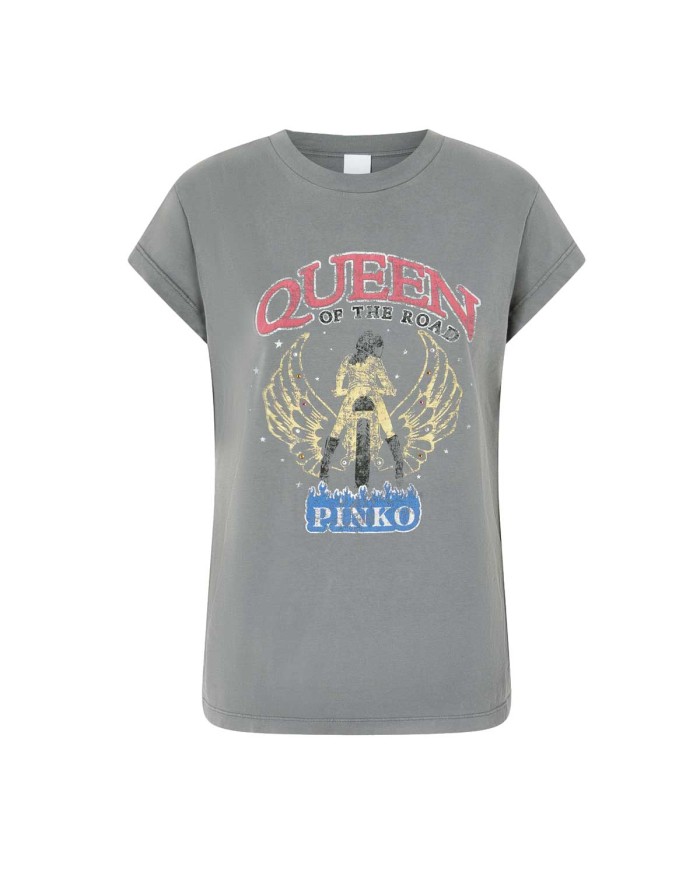 PINKO T-SHIRT STAMPA MOTOCICLISTA QUEEN OF THE ROAD  GRIGIO/GABBIANO SCURO 104603 125