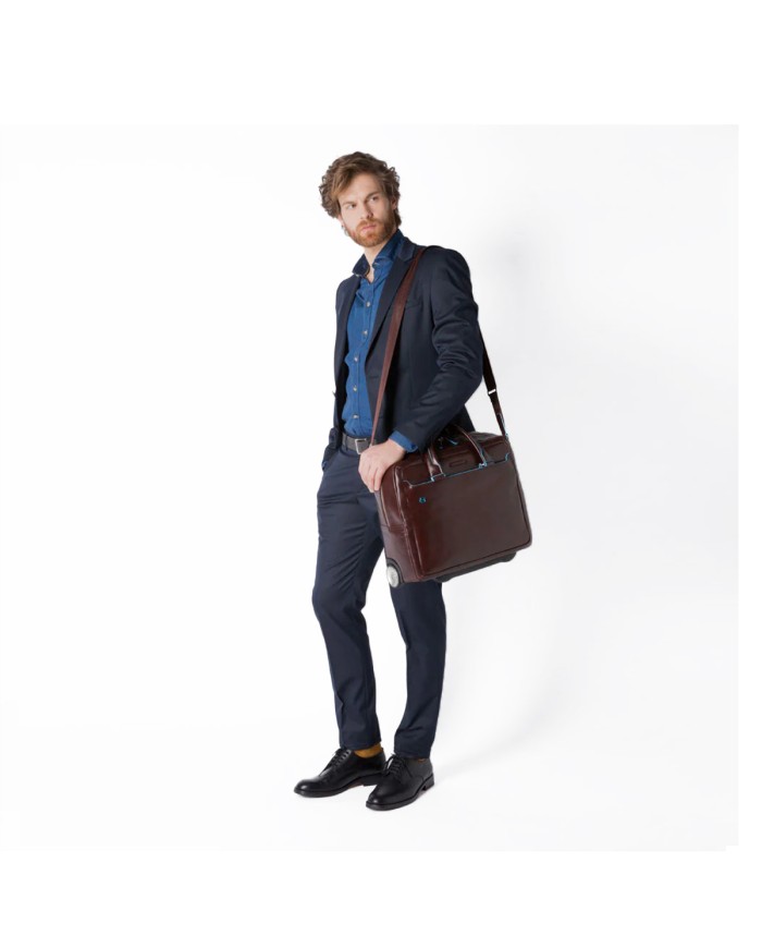 PIQUADRO CARTELLA TROLLEY PILOTA IN PELLE BLUE SQUARE PORTA PC 15,6" MOGANO BV4729B2 CO