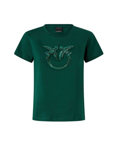 PINKO T-SHIRT LOGO LOVE BIRDS RICAMO GIOIELLO VERDE 100535 225