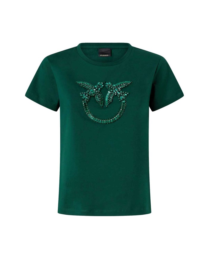 PINKO T-SHIRT LOGO LOVE BIRDS RICAMO GIOIELLO VERDE 100535 225