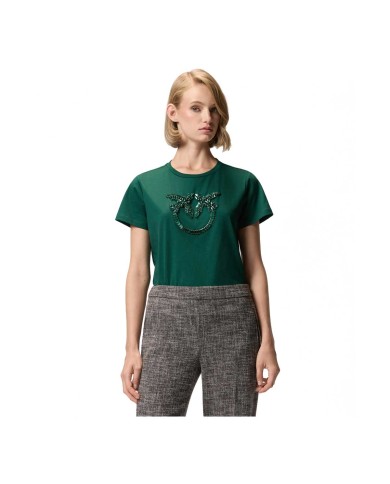 PINKO T-SHIRT LOGO LOVE BIRDS RICAMO GIOIELLO VERDE 100535 225