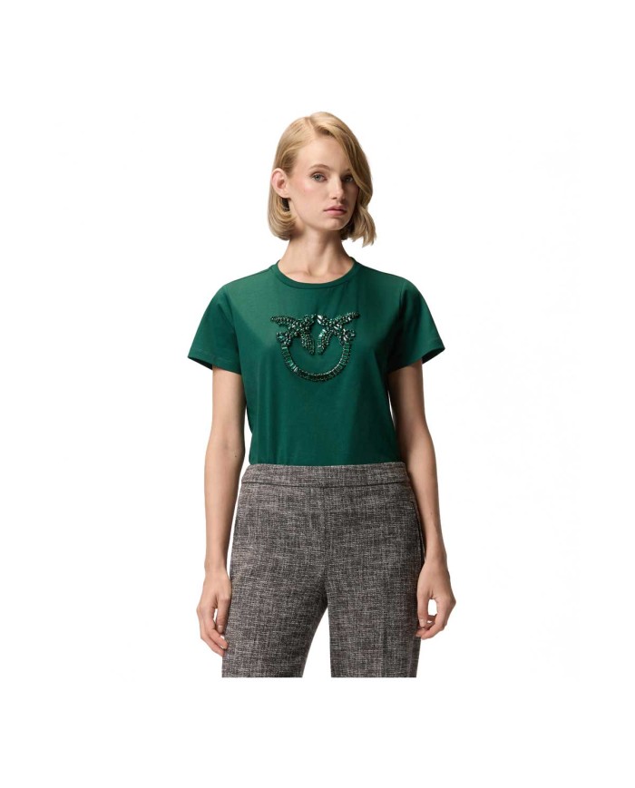 PINKO T-SHIRT LOGO LOVE BIRDS RICAMO GIOIELLO VERDE 100535 225