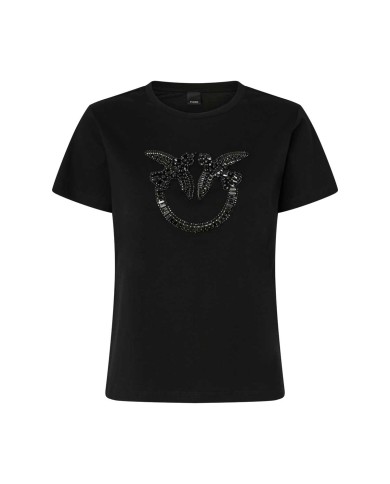 PINKO T-SHIRT LOGO LOVE BIRDS RICAMO GIOIELLO NERO LIMOUSINE 100535 225