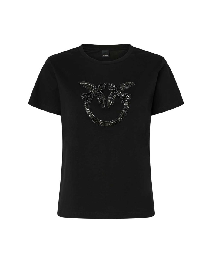 PINKO T-SHIRT LOGO LOVE BIRDS RICAMO GIOIELLO NERO LIMOUSINE 100535 225