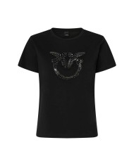 PINKO T-SHIRT LOGO LOVE BIRDS RICAMO GIOIELLO NERO LIMOUSINE 100535 225