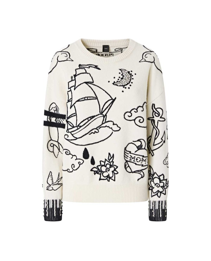 PINKO MAGLIONE GIROCOLLO CON FANTASIE BIANCO/BLU 105427 225
