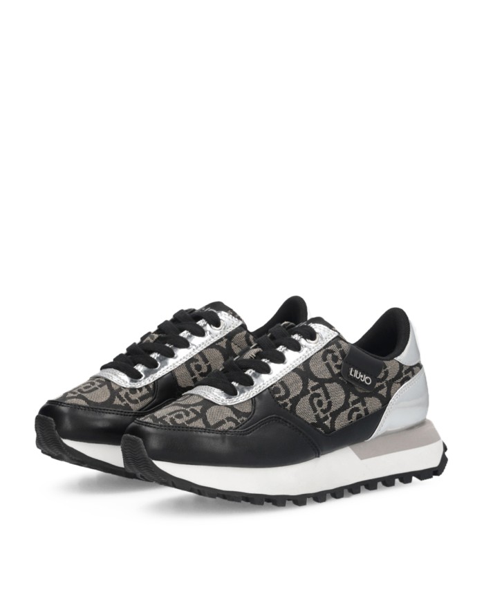 LIU-JO CALZATURE SCARPA DONNA SNEAKERS SPREADING MONOGRAM JACQUARD BLACK SILVER BF5057 225