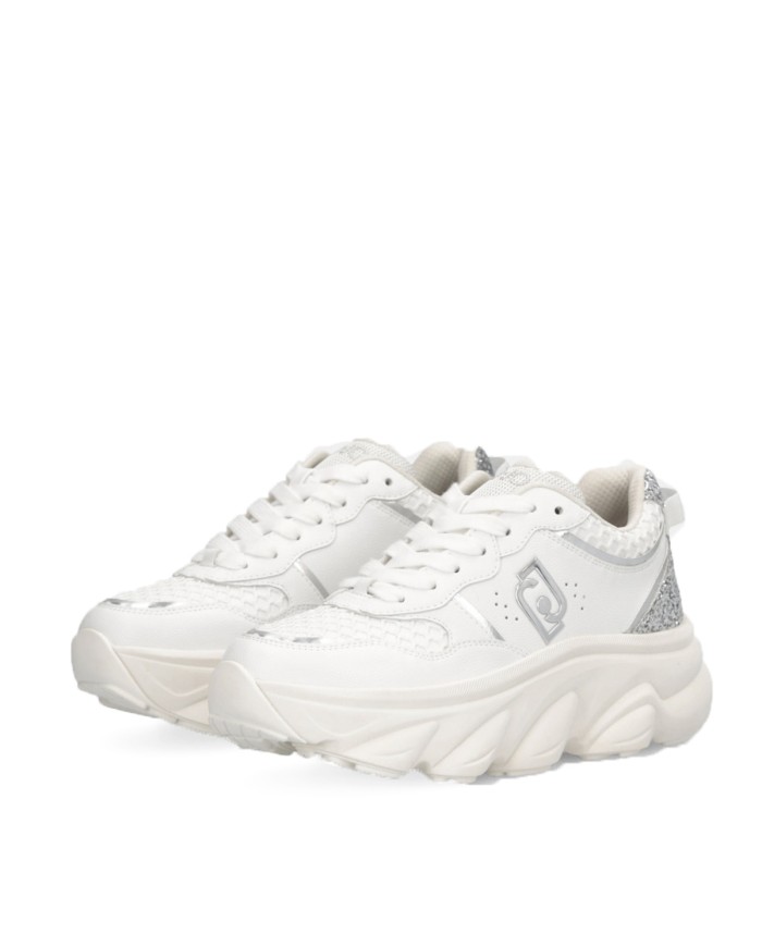 LIU-JO CALZATURE SCARPA DONNA SNEAKERS CHUNKY STEFFY 01 TUMBLED LEATHER GLITTER WHITE SILVER BF5061 225