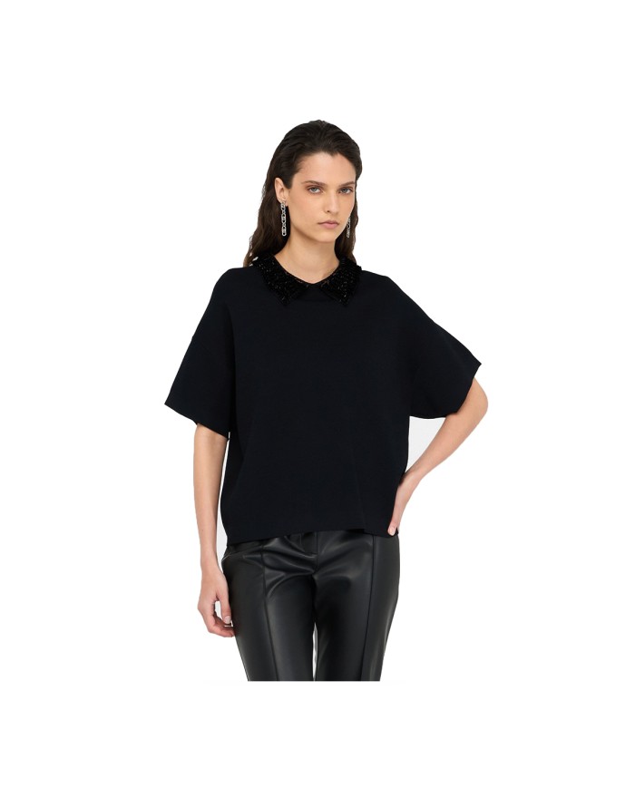 LIU-JO DONNA MAGLIA CHIUSA A MANICHE CORTE CON PAILLETTES NERO CF5038 225