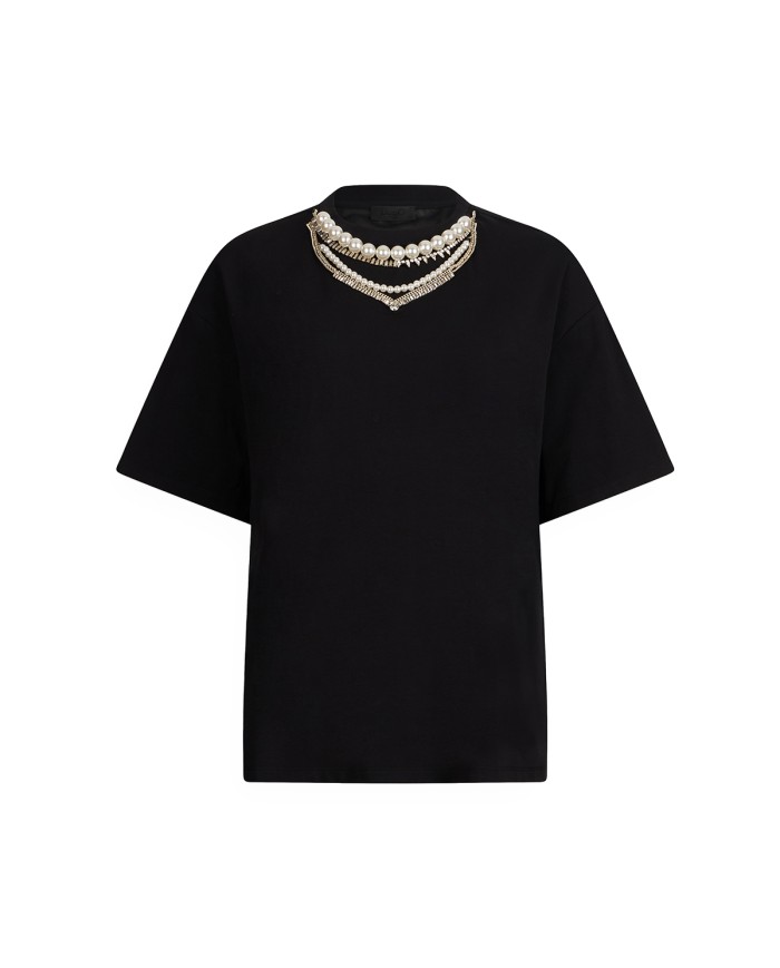 LIU-JO DONNA T SHIRT CON ACCESSORIO PERLE E STRASS NERO CF5063 225
