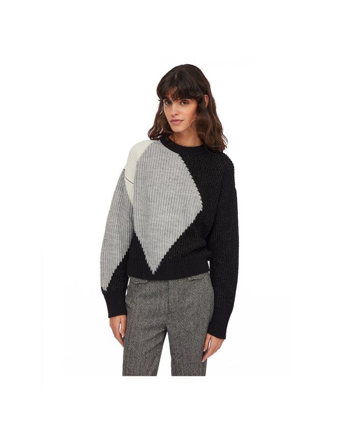 LIU-JO MAGLIONE DONNA CHIUSA IN LANA CON INTARSI NERO LUX GREY CF5400 225