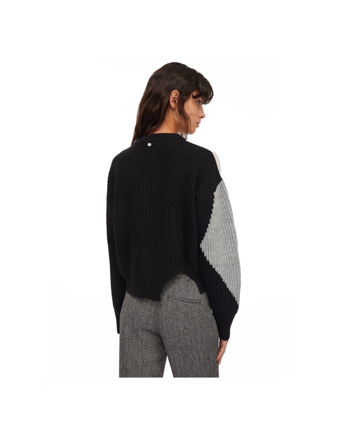LIU-JO MAGLIONE DONNA CHIUSA IN LANA CON INTARSI NERO LUX GREY CF5400 225