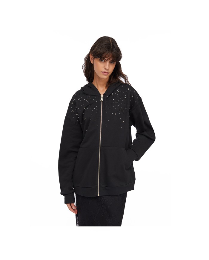 LIU-JO FELPA DONNA IN COTONE CON STRASS NERO UF5253 225