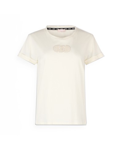 LIU-JO T SHIRT DONNA MAGLIA A MANICHE CORTE ECS MODA IN COTONE LOGO E STRASS WHITE MONOGRAM TA5180 125