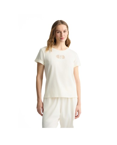 LIU-JO T SHIRT DONNA MAGLIA A MANICHE CORTE ECS MODA IN COTONE LOGO E STRASS WHITE MONOGRAM TA5180 125