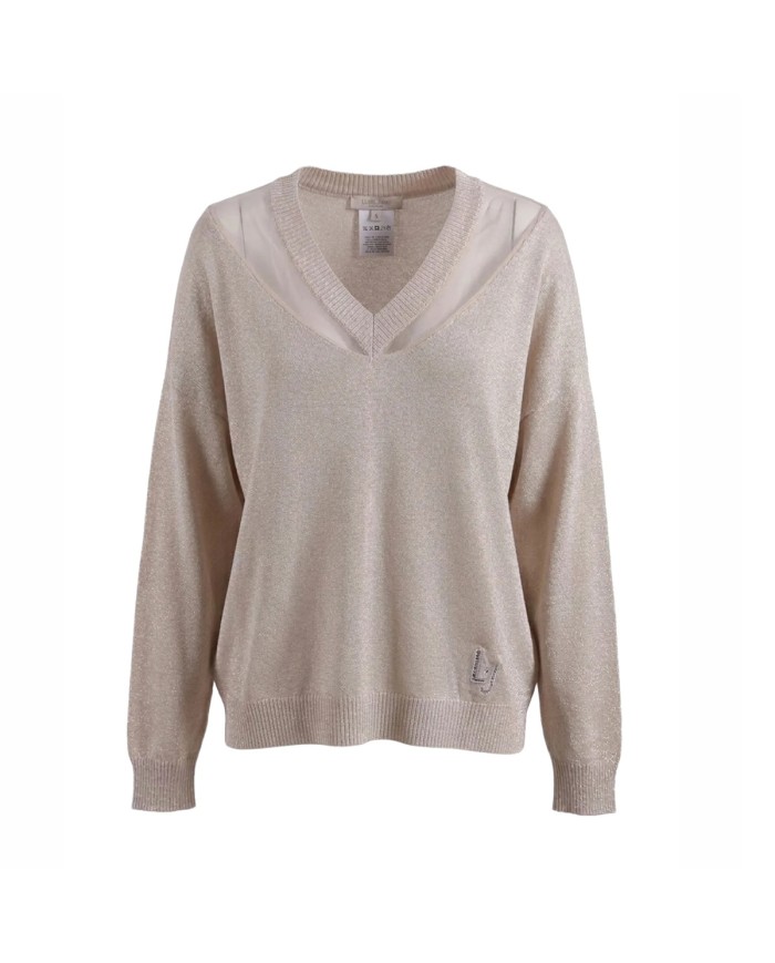 LIU-JO MAGLIA DONNA SWEATER CON SCOLLO A V CHAMPAGNE LUX TA6244 126