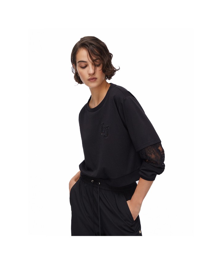 LIU-JO FELPA DONNA SWEATSHIRT CON INSERTI IN PIZZO BLACK TA6282 126