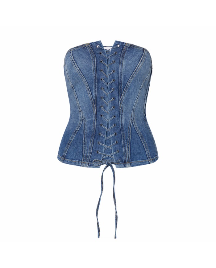 LIU-JO TOP DONNA BUSTIER IN DENIM CON INTRECCI DENIM BLUE UA6506 126