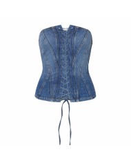 LIU-JO TOP DONNA BUSTIER IN DENIM CON INTRECCI DENIM BLUE UA6506 126