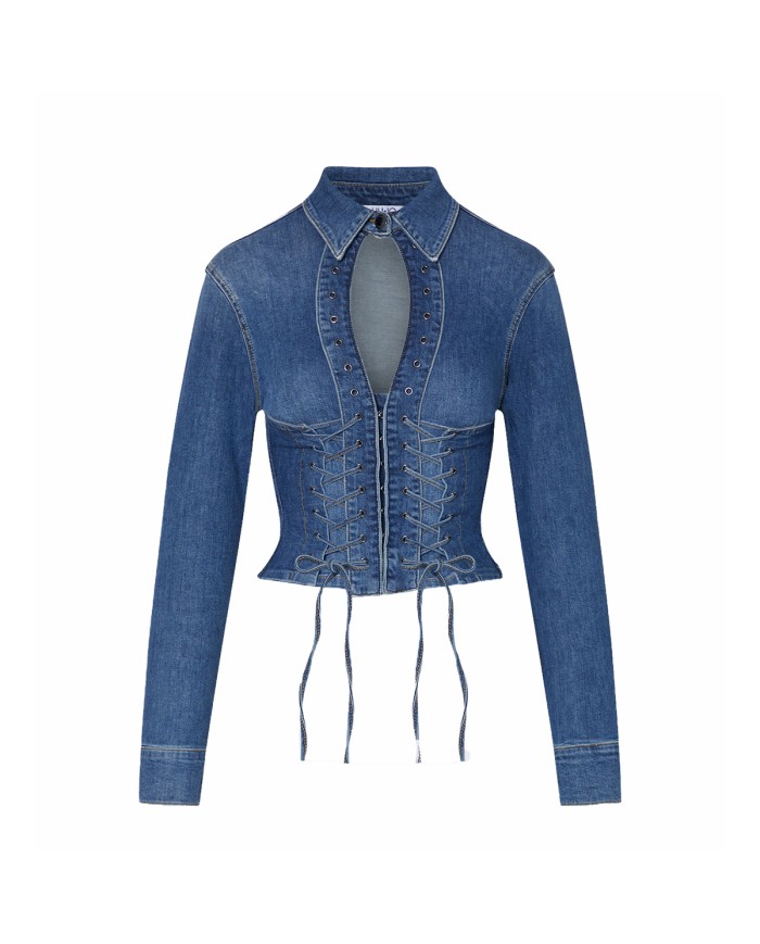 LIU-JO CAMICIA DONNA IN DENIM CON INTRECCI E STRINGHE DENIM BLUE UA6507 126