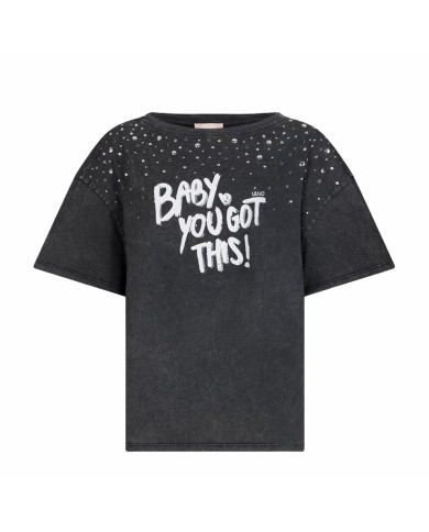 LIU-JO T SHIRT DONNA CON STAMPA E APPLICAZIONI BLACK WA6131 126