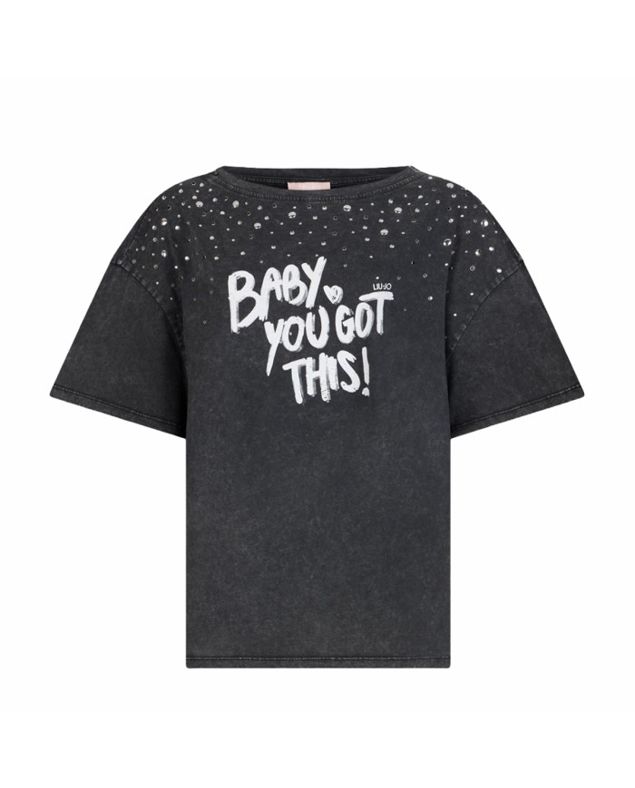 LIU-JO T SHIRT DONNA CON STAMPA E APPLICAZIONI BLACK WA6131 126