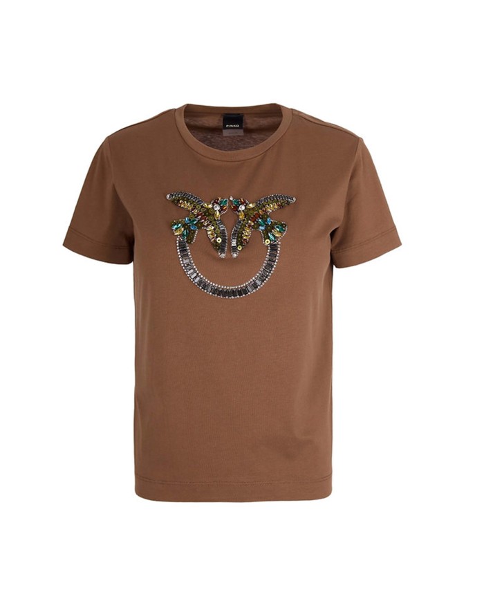PINKO T SHIRT QUENTIN JERSEY LOGO RICAMO MARRONE 100535 126