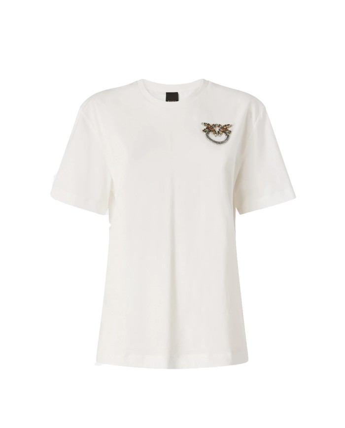 PINKO T-SHIRT STREPITOSO JERSEY CON APPLICAZIONE GIOIELLO LOVE BIRDS BIANCO NEVE 105526 126