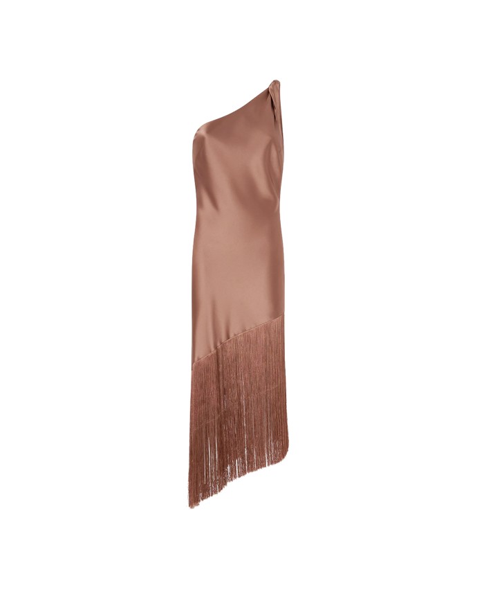 PINKO ABITO KIWI SATIN  MONOSPALLLA CON FRANGE MARRONE GHIANDA 106352 126