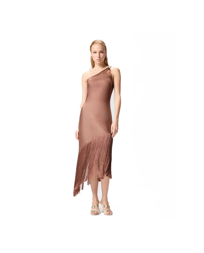 PINKO ABITO KIWI SATIN  MONOSPALLLA CON FRANGE MARRONE GHIANDA 106352 126