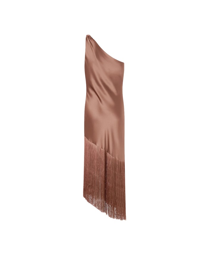 PINKO ABITO KIWI SATIN  MONOSPALLLA CON FRANGE MARRONE GHIANDA 106352 126