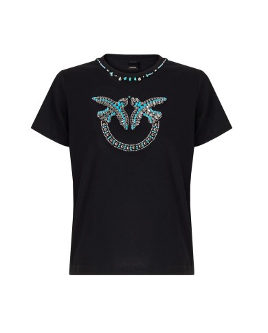 PINKO T-SHIRT FIDENZA CON MAXI RICAMO GIOIELLO LOVE BIRDS NERO AZZURRO 107094 126
