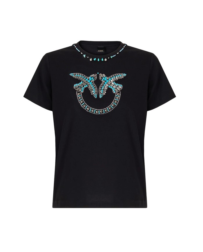 PINKO T-SHIRT FIDENZA CON MAXI RICAMO GIOIELLO LOVE BIRDS NERO AZZURRO 107094 126