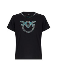 PINKO T-SHIRT FIDENZA CON MAXI RICAMO GIOIELLO LOVE BIRDS NERO AZZURRO 107094 126