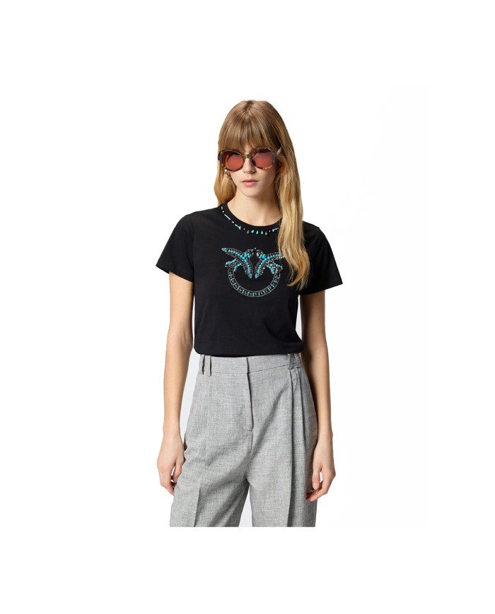 PINKO T-SHIRT FIDENZA CON MAXI RICAMO GIOIELLO LOVE BIRDS NERO AZZURRO 107094 126