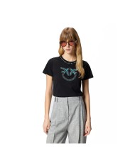 PINKO T-SHIRT FIDENZA CON MAXI RICAMO GIOIELLO LOVE BIRDS NERO AZZURRO 107094 126