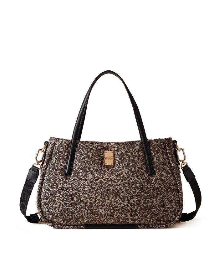 BORBONESE SHOPPER MEDIUM CAHIER CON TRACOLLA A NASTRO OP NATURALE NERO