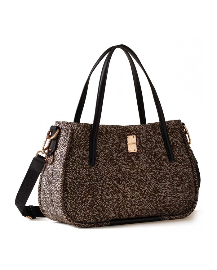 BORBONESE SHOPPER MEDIUM CAHIER CON TRACOLLA A NASTRO OP NATURALE NERO