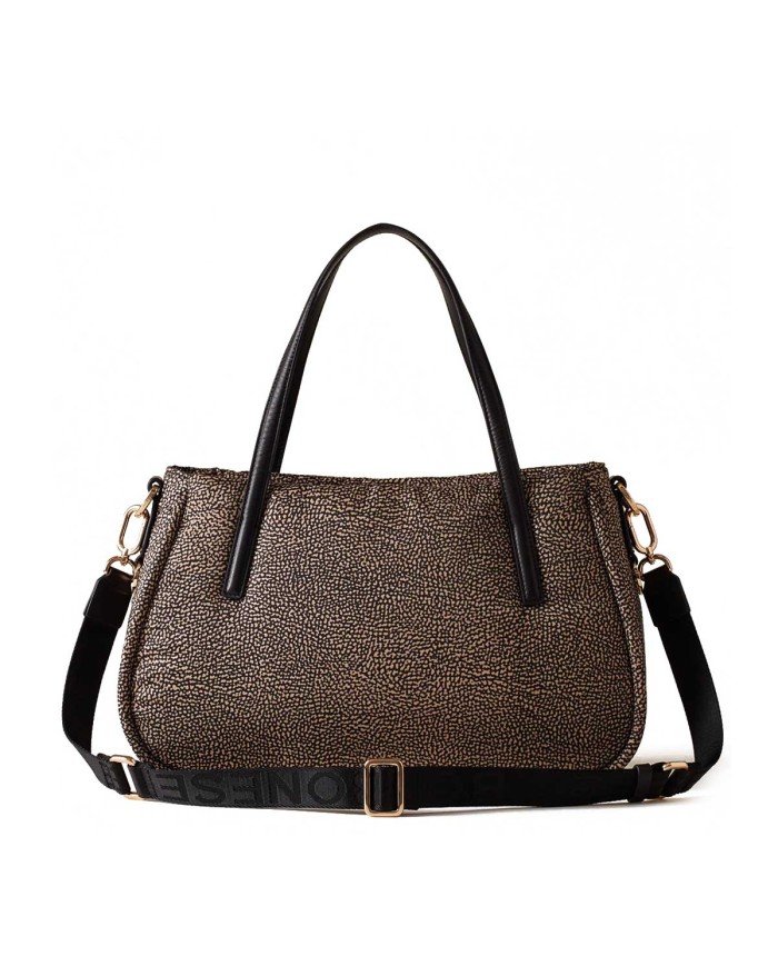 BORBONESE SHOPPER MEDIUM CAHIER CON TRACOLLA A NASTRO OP NATURALE NERO