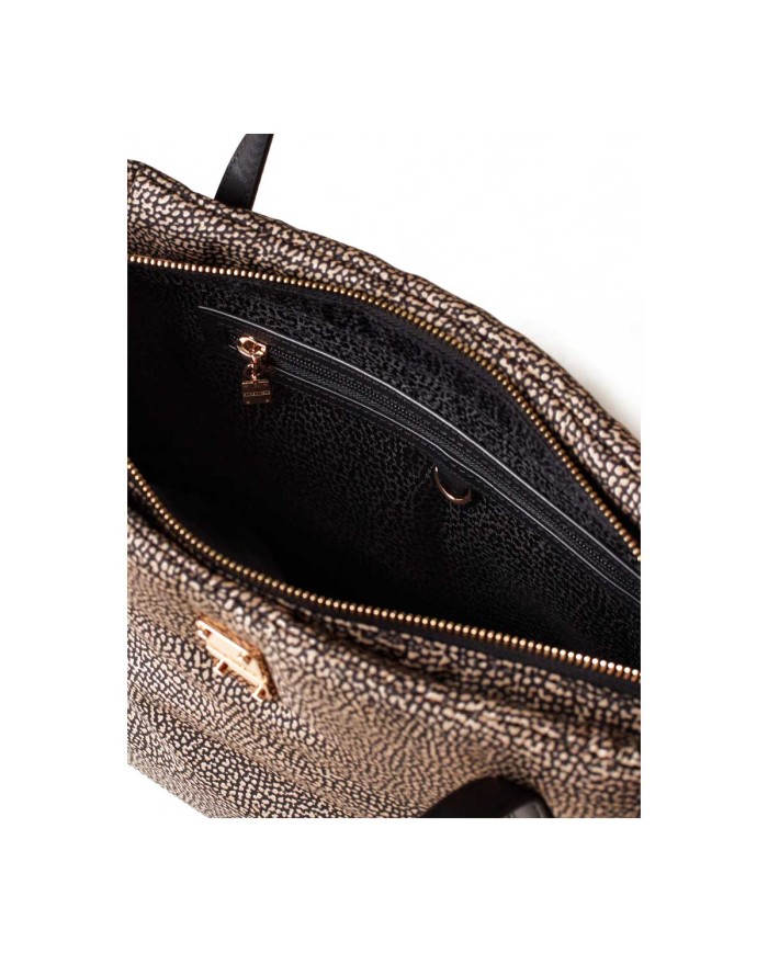 BORBONESE SHOPPER MEDIUM CAHIER CON TRACOLLA A NASTRO OP NATURALE NERO