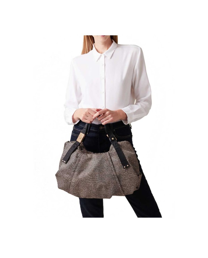 BORBONESE BAULETTO MEDIUM FOLD CON TRACOLLA OP NATURALE/ NERO